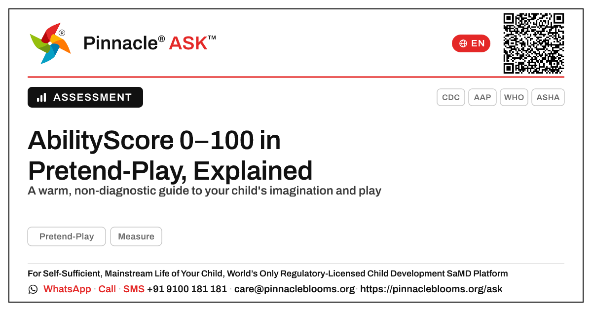 What an AbilityScore of 0–100 in Pretend-Play Means for Your Child — Pinnacle Ask answer card with a short explanation and QR link