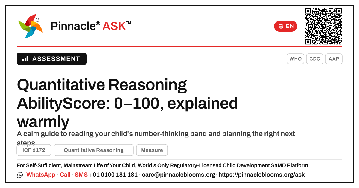 What an AbilityScore of 0–100 in Quantitative Reasoning means for your child — Pinnacle Ask answer card with a short explanation and QR link