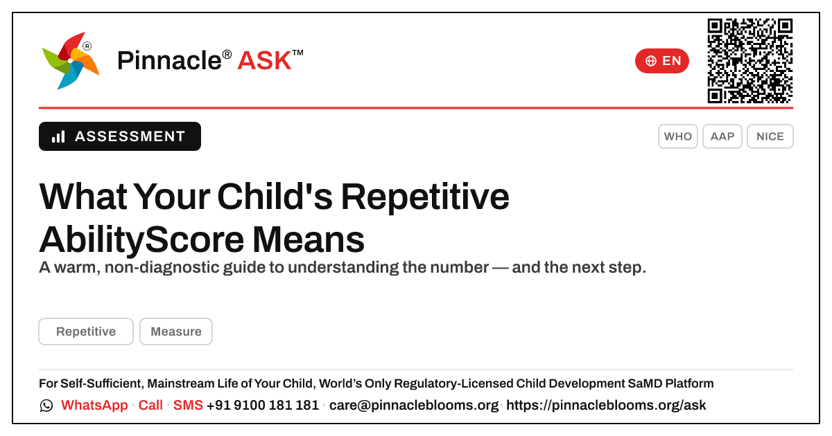 What does an AbilityScore in Repetitive mean for my child? — Pinnacle Ask answer card with a short explanation and QR link