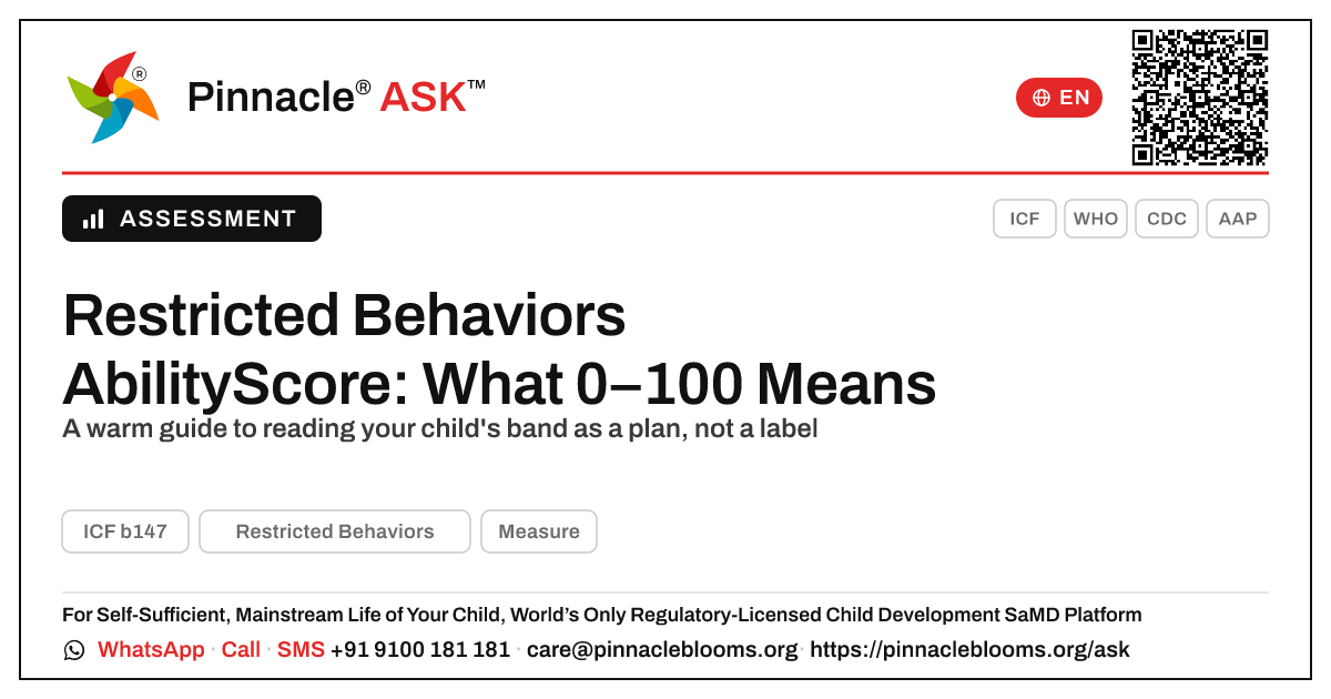 What does an AbilityScore of 0–100 in Restricted Behaviors mean for my child? — Pinnacle Ask answer card with a short explanation and QR link