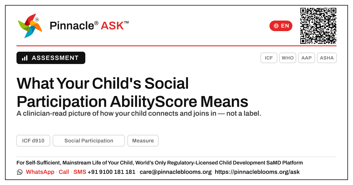 What does an AbilityScore of 0–100 in Social Participation mean for my child? — Pinnacle Ask answer card with a short explanation and QR link