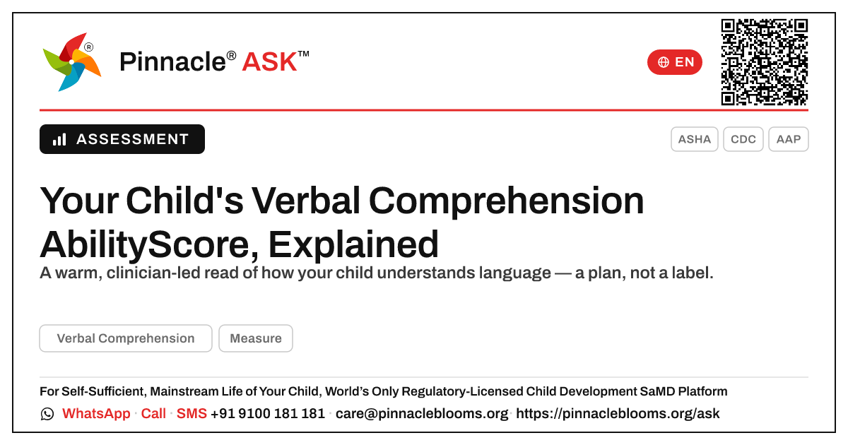 What an AbilityScore in Verbal Comprehension Means for Your Child — Pinnacle Ask answer card with a short explanation and QR link