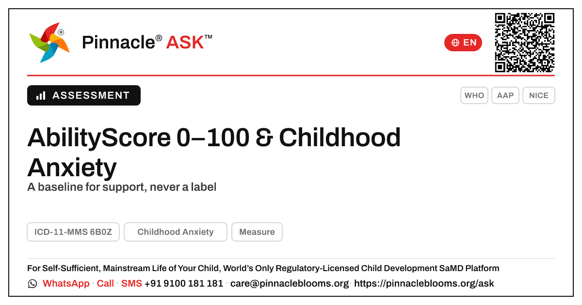 What does an AbilityScore of 0–100 mean for a child with Childhood Anxiety? — Pinnacle Ask answer card with a short explanation and QR link