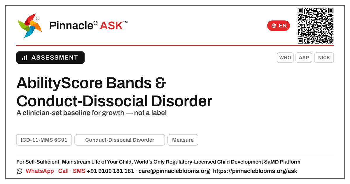 What an AbilityScore Band Means for Conduct-Dissocial Disorder — Pinnacle Ask answer card with a short explanation and QR link