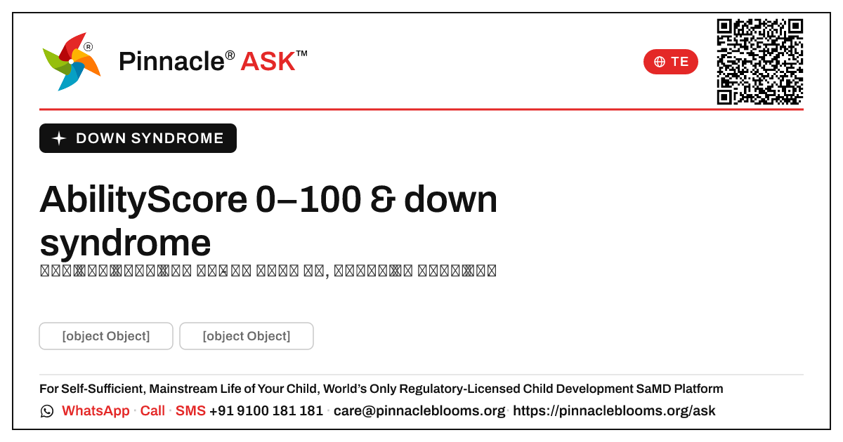 AbilityScore 0–100 for down syndrome — Pinnacle Ask answer card with a short explanation and QR link