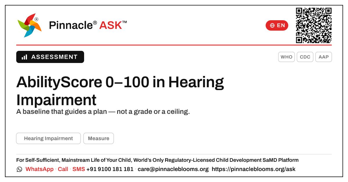 What does an AbilityScore of 0–100 mean for a child with Hearing Impairment? — Pinnacle Ask answer card with a short explanation and QR link