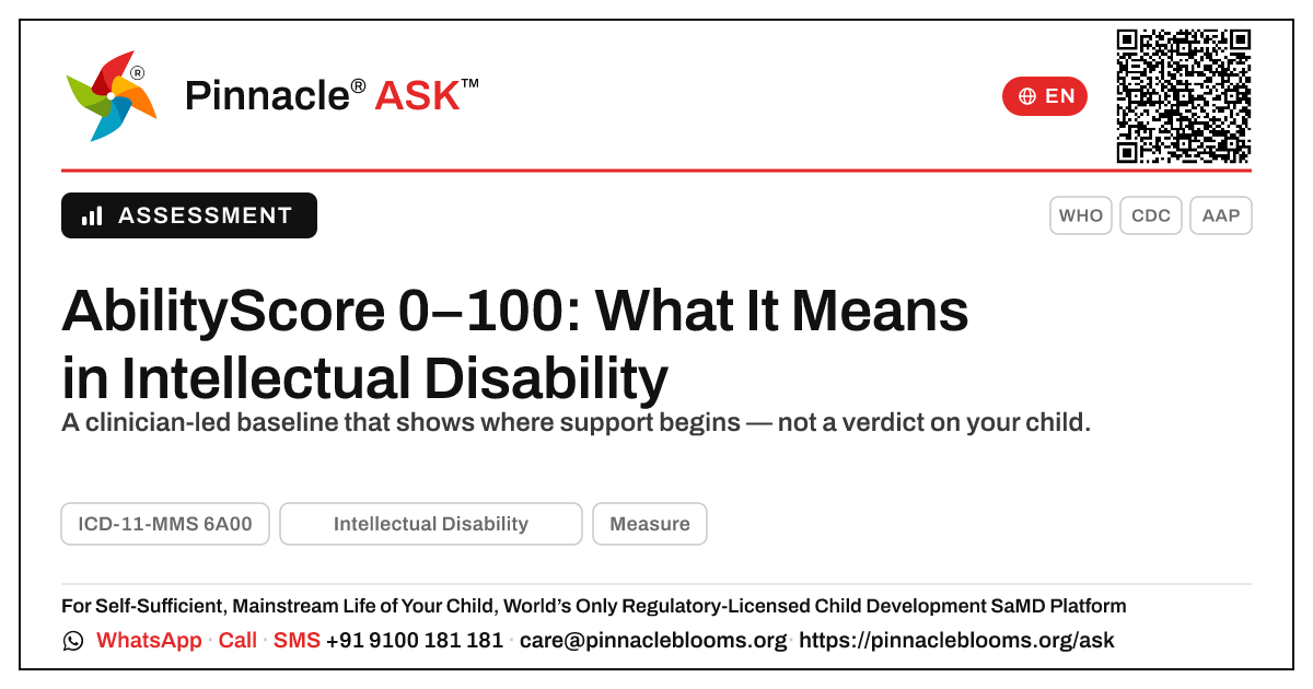 What an AbilityScore of 0–100 Means for Intellectual Disability — Pinnacle Ask answer card with a short explanation and QR link