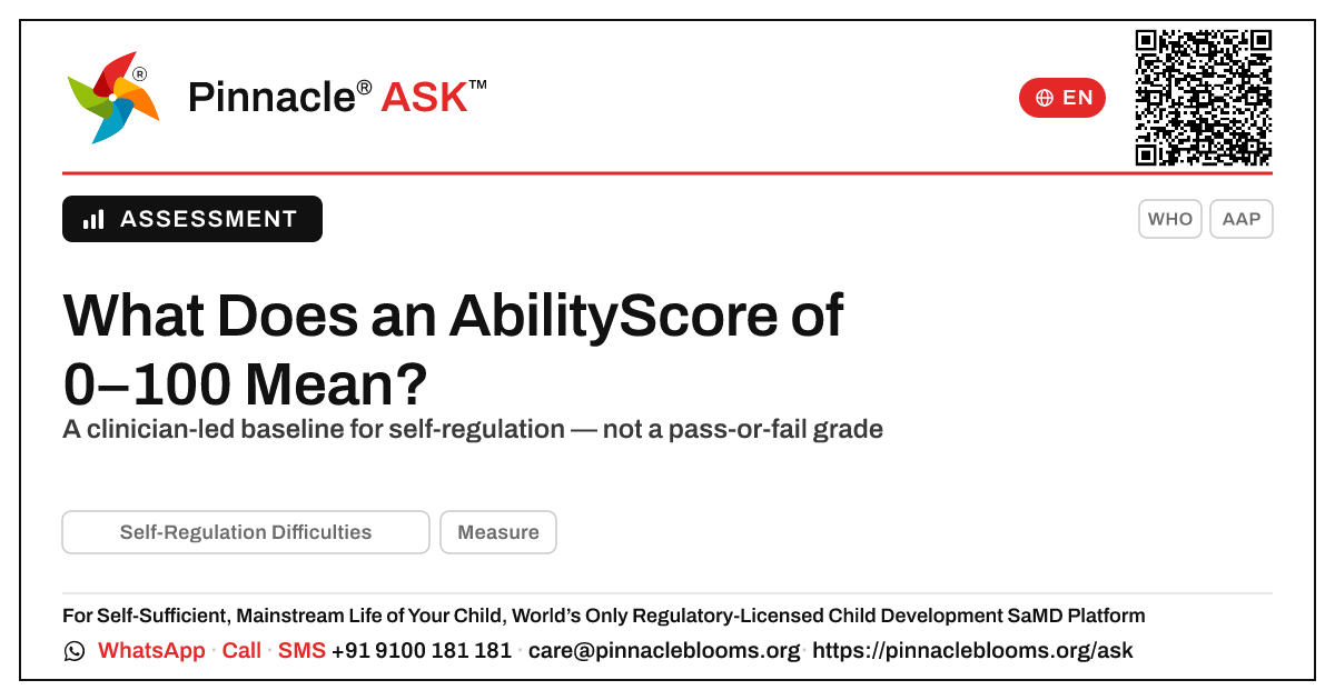 What an AbilityScore of 0–100 Means for Self-Regulation Difficulties — Pinnacle Ask answer card with a short explanation and QR link