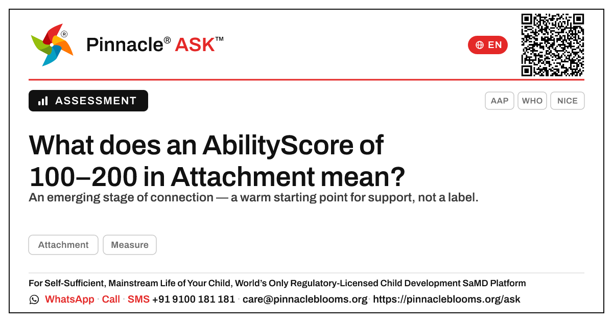 AbilityScore 100–200 in Attachment — Meaning for Your Child — Pinnacle Ask answer card with a short explanation and QR link