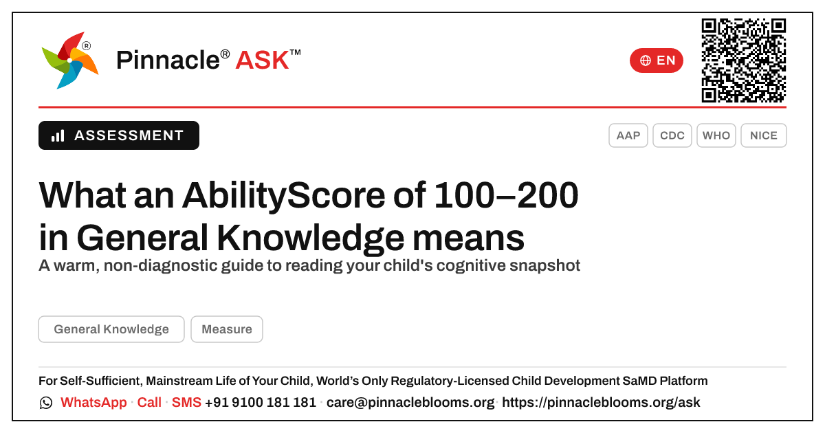 What an AbilityScore of 100–200 in General Knowledge means — Pinnacle Ask answer card with a short explanation and QR link
