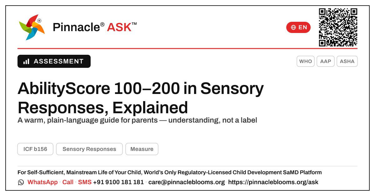 What does an AbilityScore of 100–200 in Sensory Responses mean? — Pinnacle Ask answer card with a short explanation and QR link