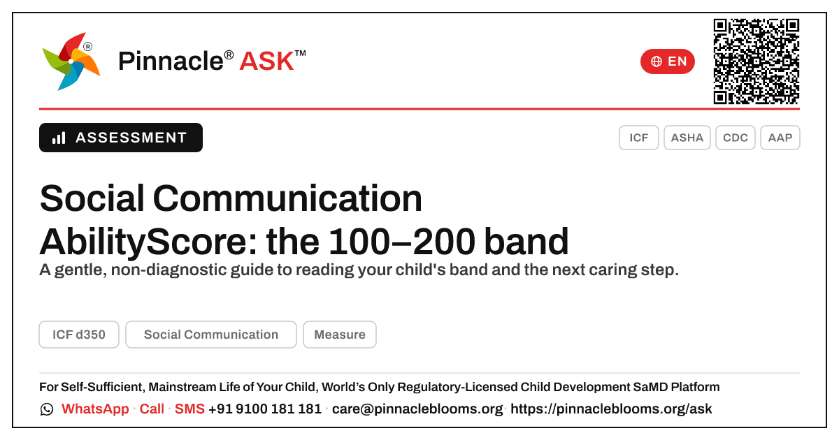 Social Communication AbilityScore 100–200 band — Pinnacle Ask answer card with a short explanation and QR link