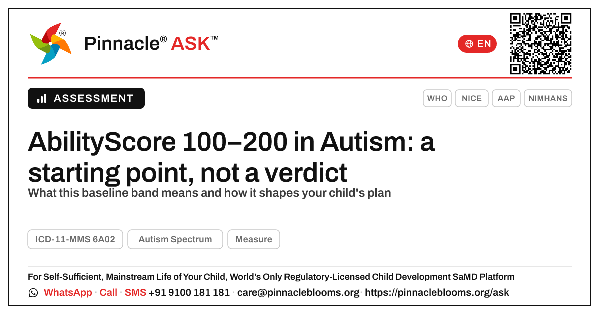 What an AbilityScore® of 100–200 means for a child with Autism Spectrum — Pinnacle Ask answer card with a short explanation and QR link