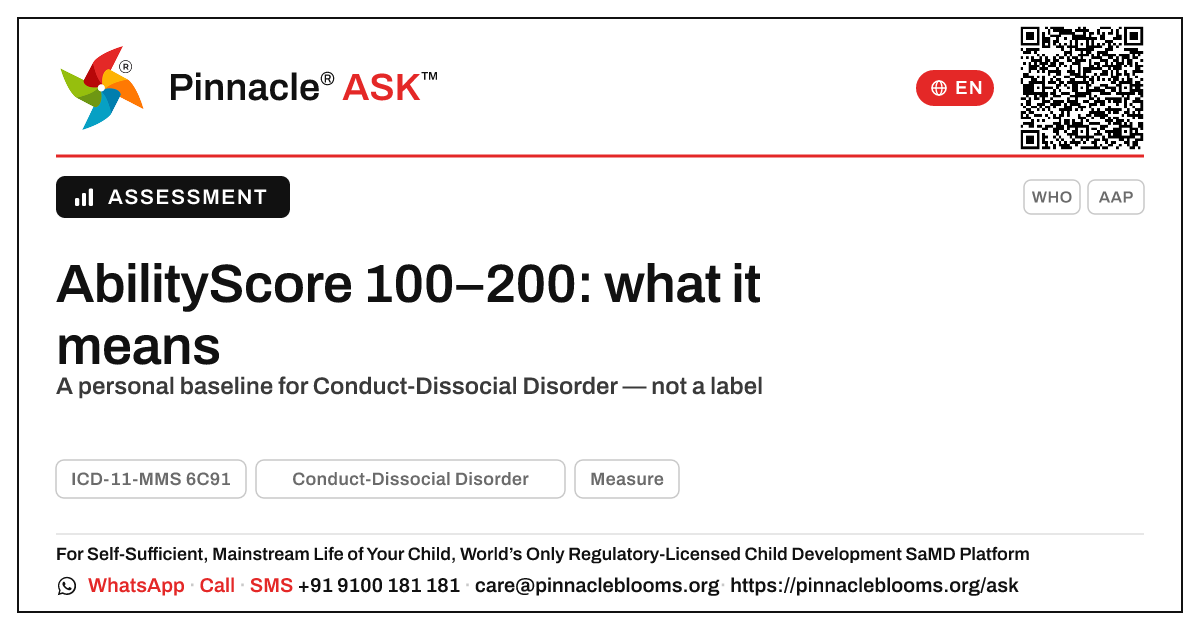 AbilityScore 100–200 for Conduct-Dissocial Disorder — Pinnacle Ask answer card with a short explanation and QR link
