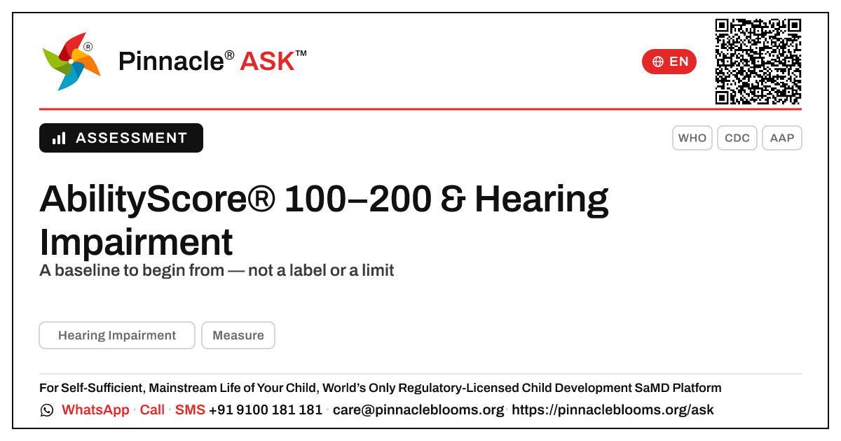 What does an AbilityScore of 100–200 mean for a child with Hearing Impairment? — Pinnacle Ask answer card with a short explanation and QR link