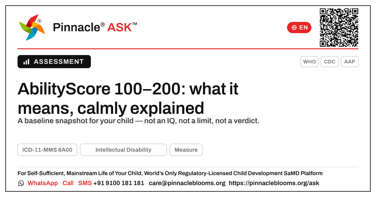 What does an AbilityScore of 100–200 mean for a child with Intellectual Disability? — Pinnacle Ask answer card with a short explanation and QR link