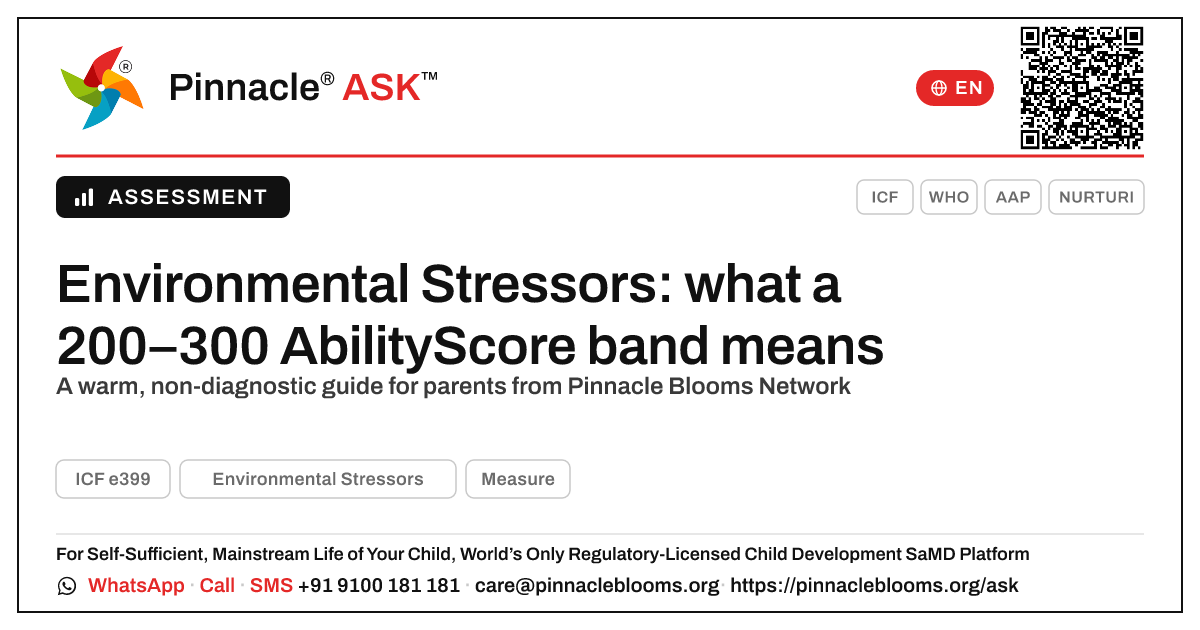 What an AbilityScore of 200–300 in Environmental Stressors means — Pinnacle Ask answer card with a short explanation and QR link