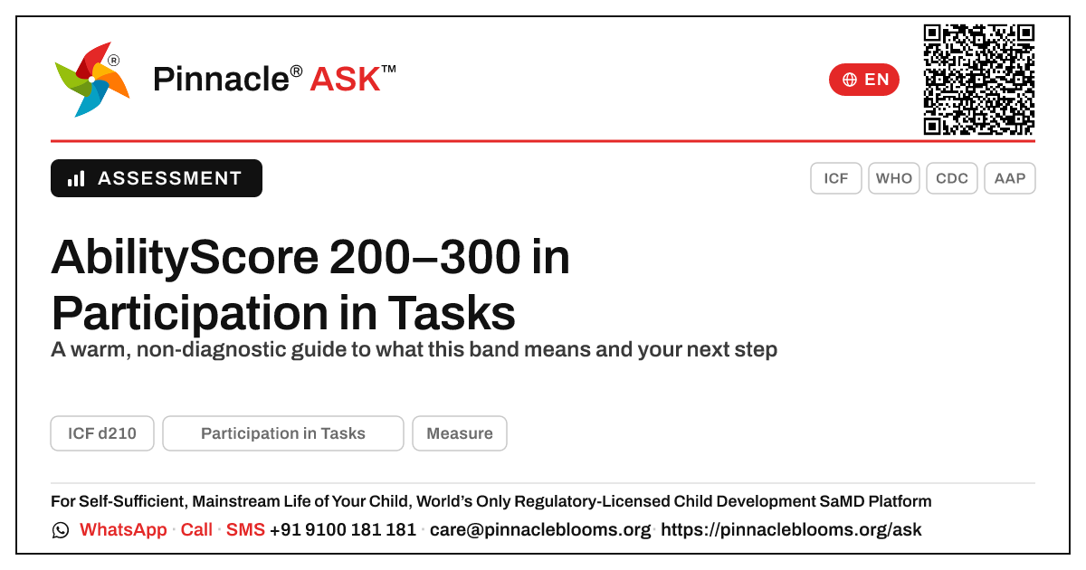 What an AbilityScore of 200–300 in Participation in Tasks Means for Your Child — Pinnacle Ask answer card with a short explanation and QR link