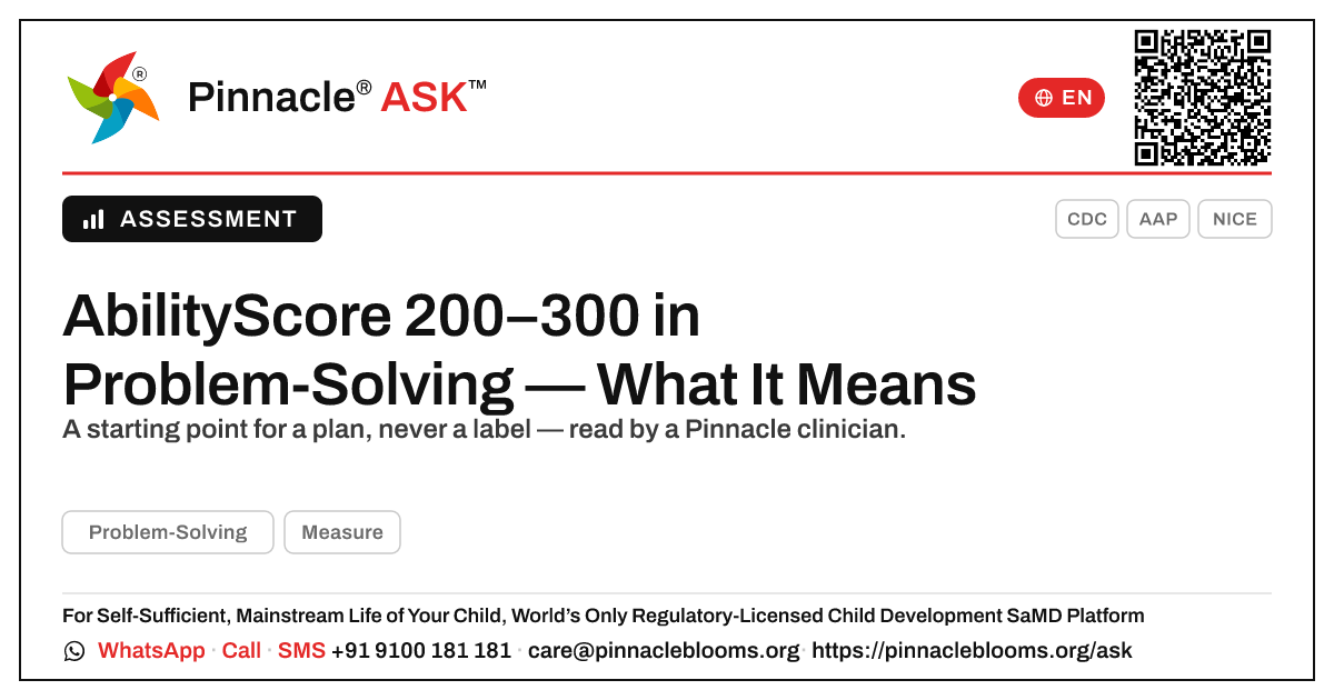 What an AbilityScore of 200–300 in Problem-Solving Means for Your Child — Pinnacle Ask answer card with a short explanation and QR link