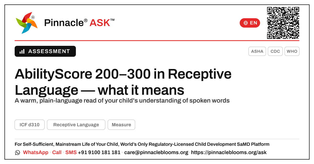 What does an AbilityScore of 200–300 in Receptive Language mean for my child? — Pinnacle Ask answer card with a short explanation and QR link