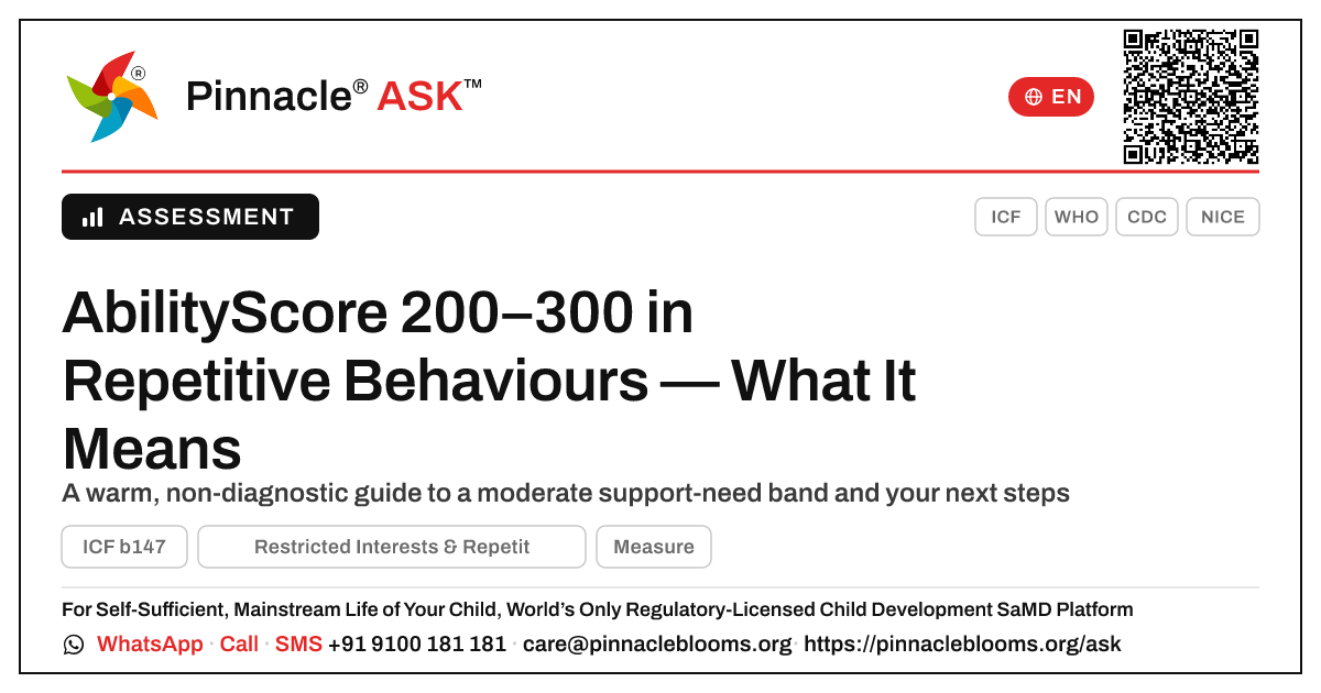 What an AbilityScore of 200–300 in Restricted Interests & Repetitive Behaviours Means for Your Child — Pinnacle Ask answer card with a short explanation and QR link