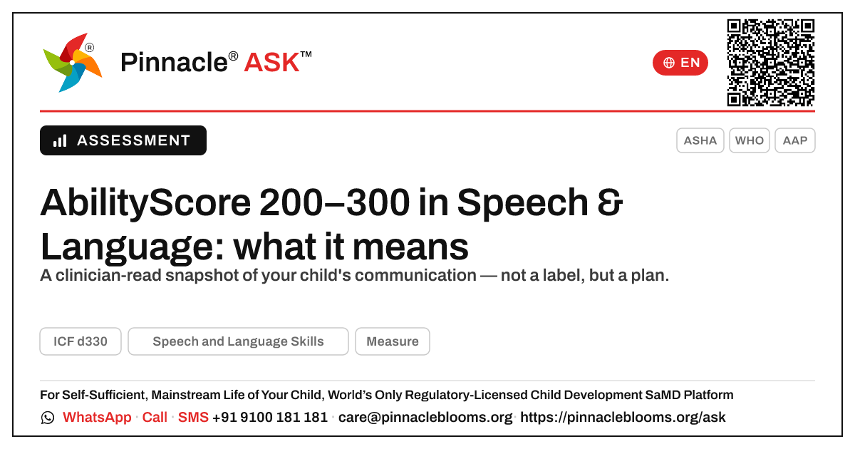 What does an AbilityScore of 200–300 in Speech and Language Skills mean for my child? — Pinnacle Ask answer card with a short explanation and QR link