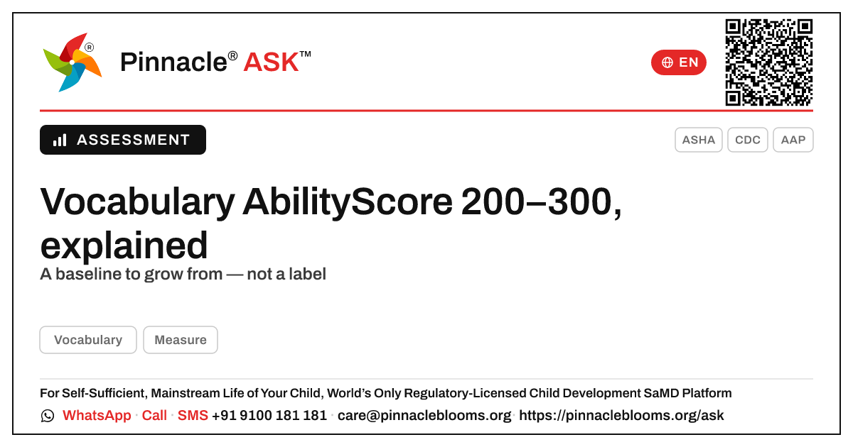 What does an AbilityScore of 200–300 in Vocabulary mean for my child? — Pinnacle Ask answer card with a short explanation and QR link