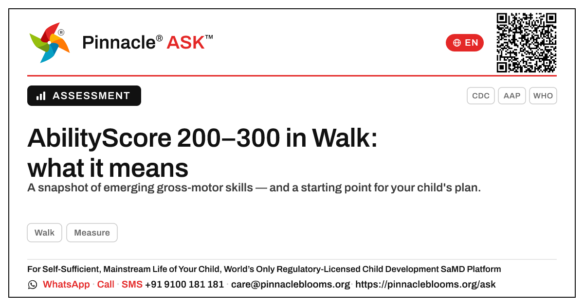 What an AbilityScore of 200–300 in Walk means — Pinnacle Ask answer card with a short explanation and QR link