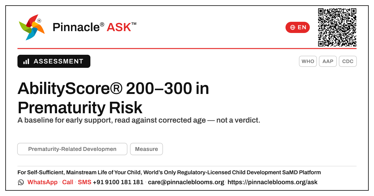 What an AbilityScore® of 200–300 means in prematurity-related developmental risk — Pinnacle Ask answer card with a short explanation and QR link