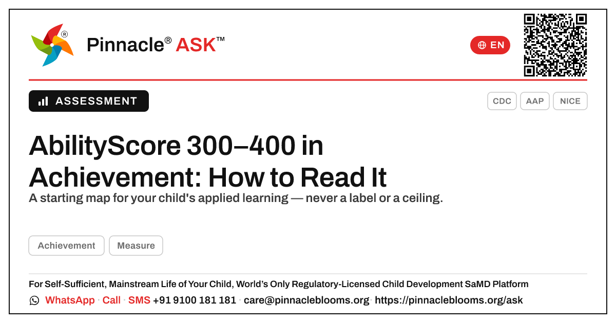 What does an AbilityScore of 300–400 in Achievement mean for my child? — Pinnacle Ask answer card with a short explanation and QR link