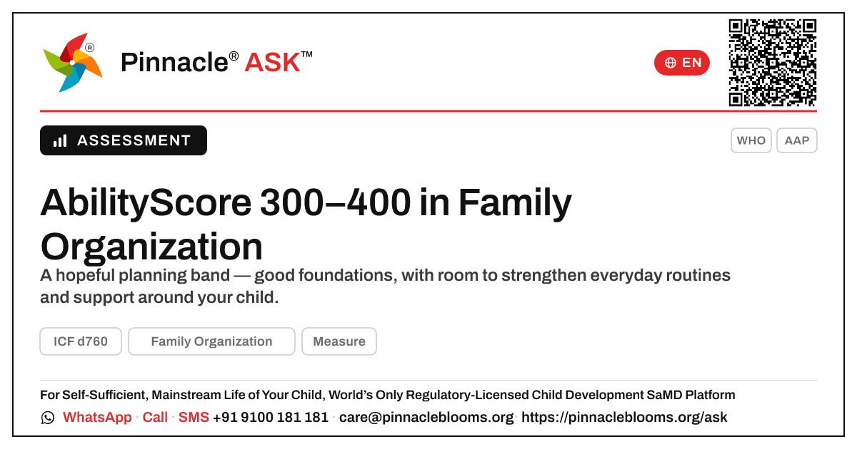 What an AbilityScore of 300–400 in Family Organization means — Pinnacle Ask answer card with a short explanation and QR link