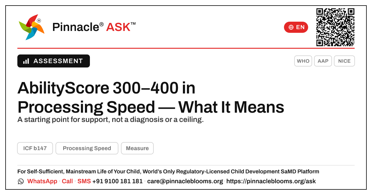 What an AbilityScore of 300–400 in Processing Speed Means for Your Child — Pinnacle Ask answer card with a short explanation and QR link