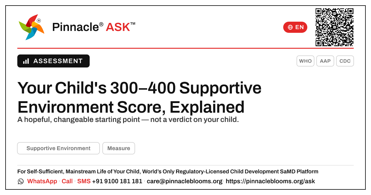 What a 300–400 Supportive Environment AbilityScore Means for Your Child — Pinnacle Ask answer card with a short explanation and QR link