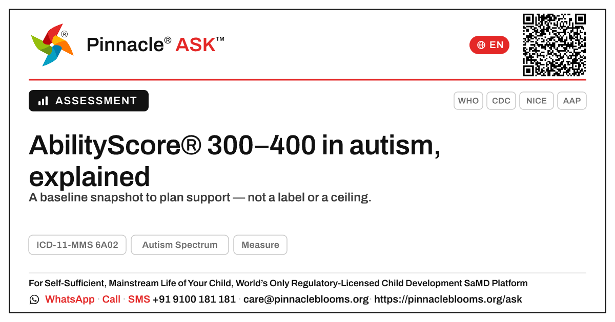 What does an AbilityScore of 300–400 mean for a child with Autism Spectrum? — Pinnacle Ask answer card with a short explanation and QR link