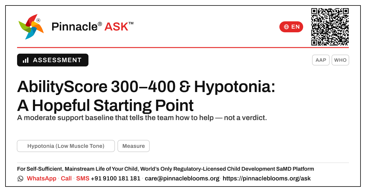What an AbilityScore of 300–400 Means for Hypotonia — Pinnacle Ask answer card with a short explanation and QR link