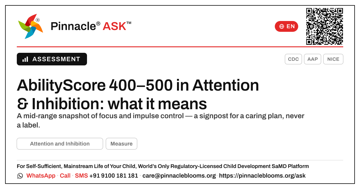 What does an AbilityScore of 400–500 in Attention and Inhibition mean for my child? — Pinnacle Ask answer card with a short explanation and QR link