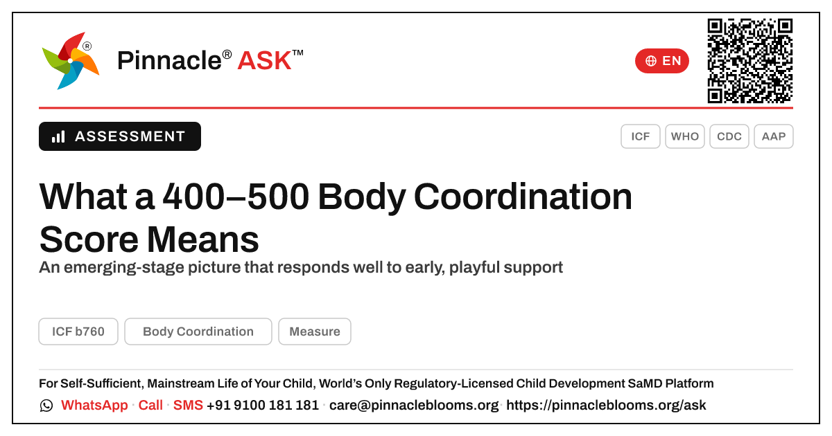 What does an AbilityScore of 400–500 in Body Coordination mean for my child? — Pinnacle Ask answer card with a short explanation and QR link