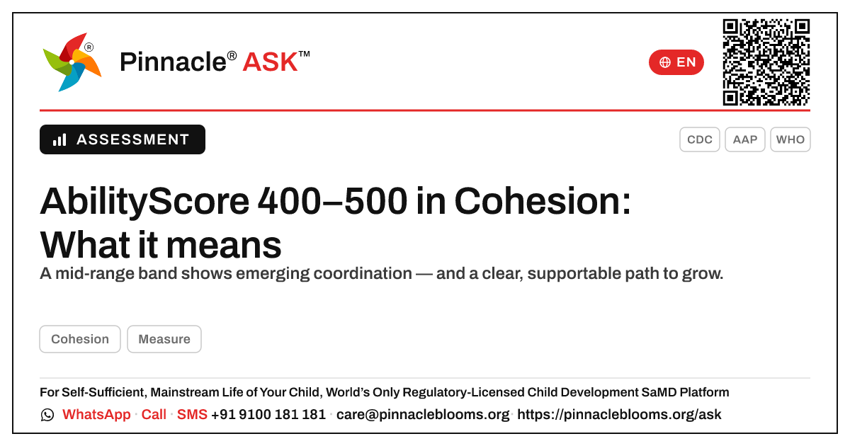 What an AbilityScore of 400–500 in Cohesion means for your child — Pinnacle Ask answer card with a short explanation and QR link