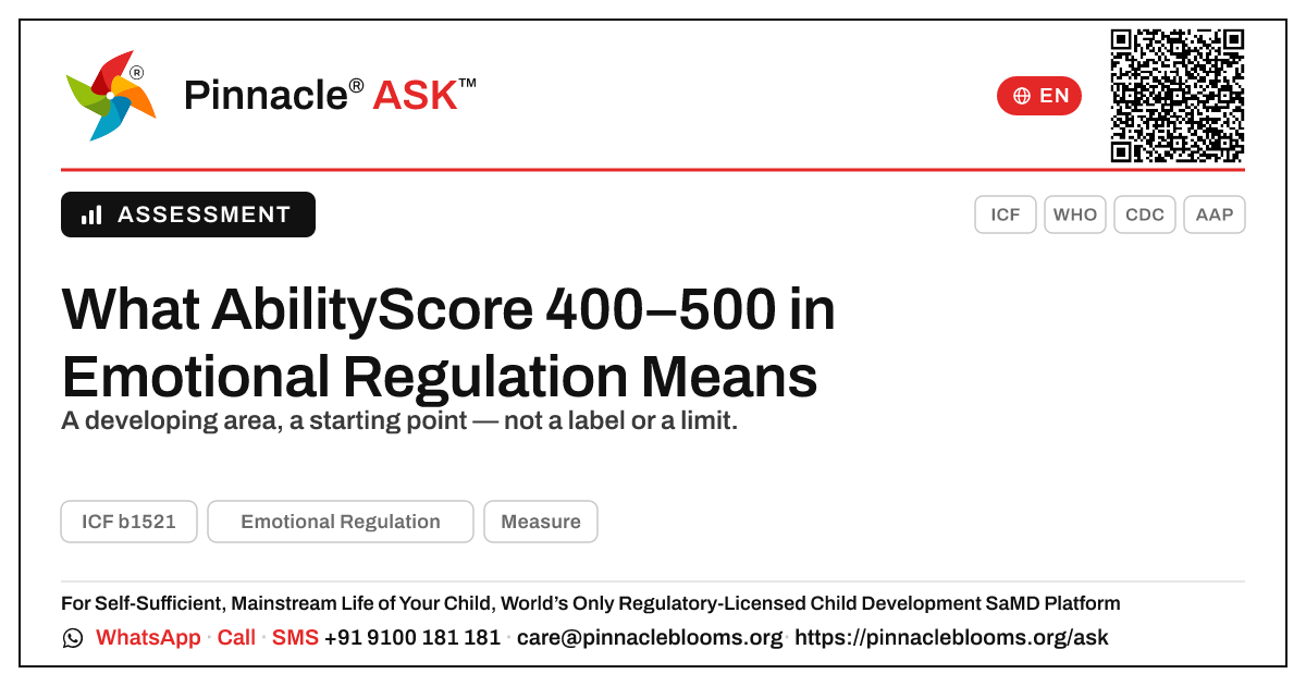 AbilityScore 400–500 in Emotional Regulation — Pinnacle Ask answer card with a short explanation and QR link