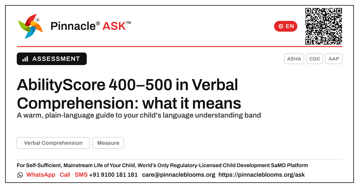 What does an AbilityScore of 400–500 in Verbal Comprehension mean for my child? — Pinnacle Ask answer card with a short explanation and QR link