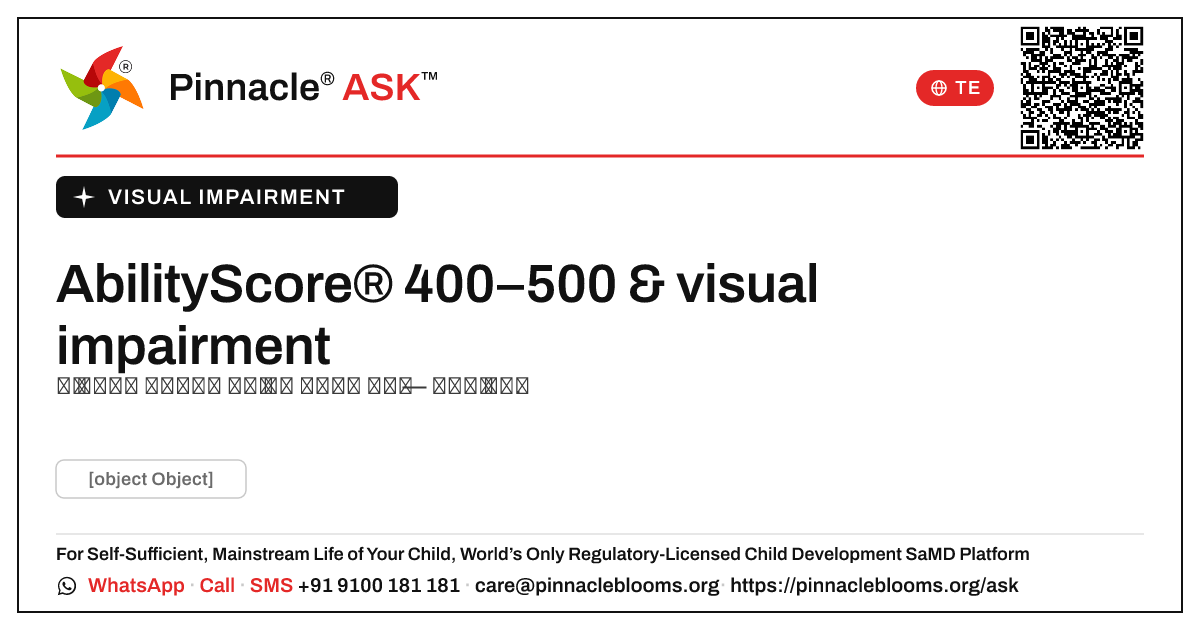 AbilityScore® 400–500 తో visual impairment — Pinnacle Ask answer card with a short explanation and QR link