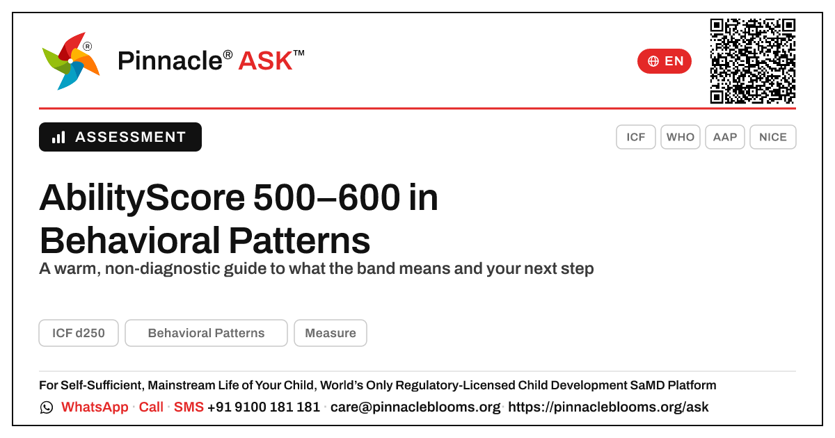 What a 500–600 AbilityScore in Behavioral Patterns Means — Pinnacle Ask answer card with a short explanation and QR link