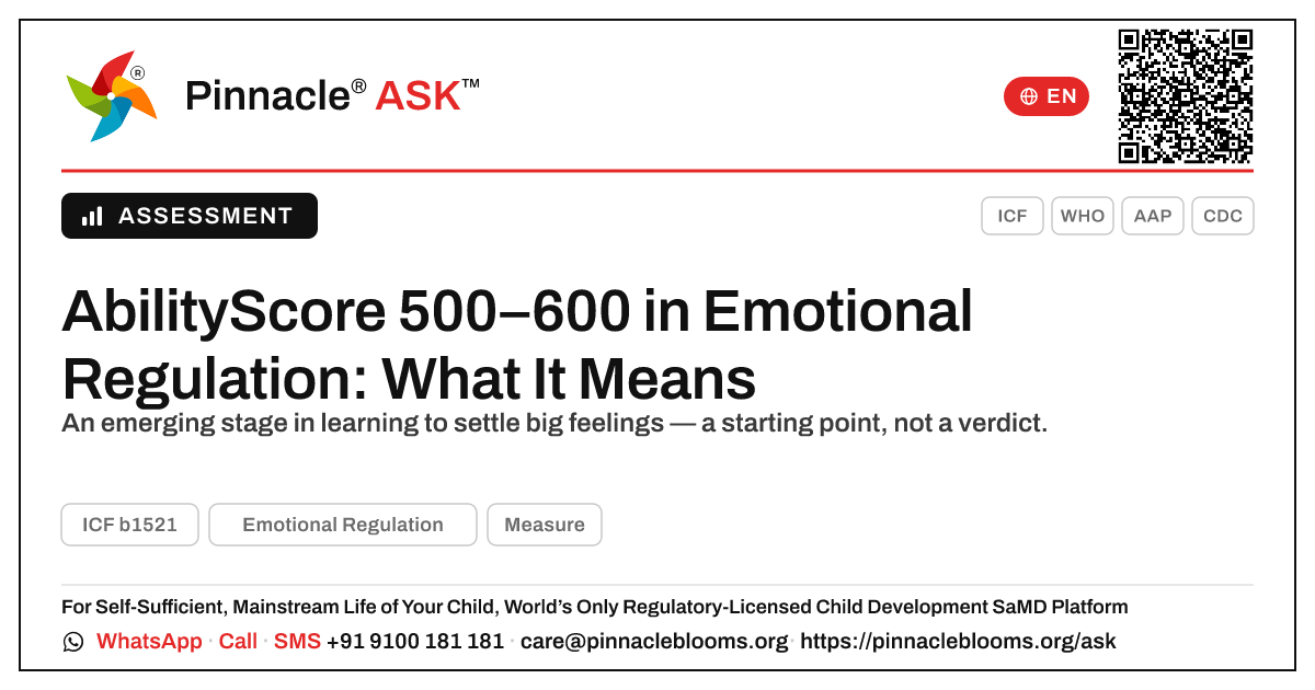 What does an AbilityScore of 500–600 in Emotional Regulation mean for my child? — Pinnacle Ask answer card with a short explanation and QR link