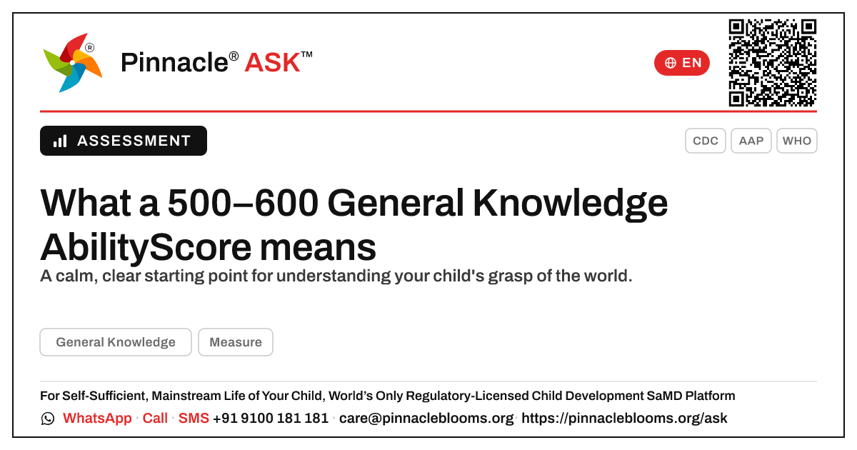What does an AbilityScore of 500–600 in General Knowledge mean for my child? — Pinnacle Ask answer card with a short explanation and QR link