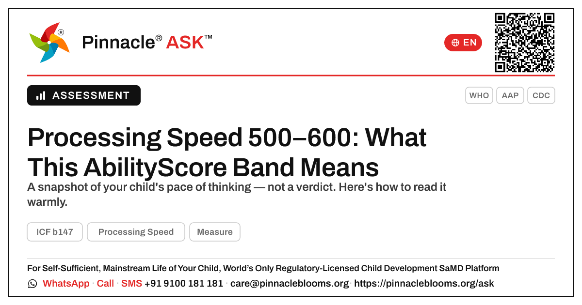 What an AbilityScore of 500–600 in Processing Speed Means for Your Child — Pinnacle Ask answer card with a short explanation and QR link