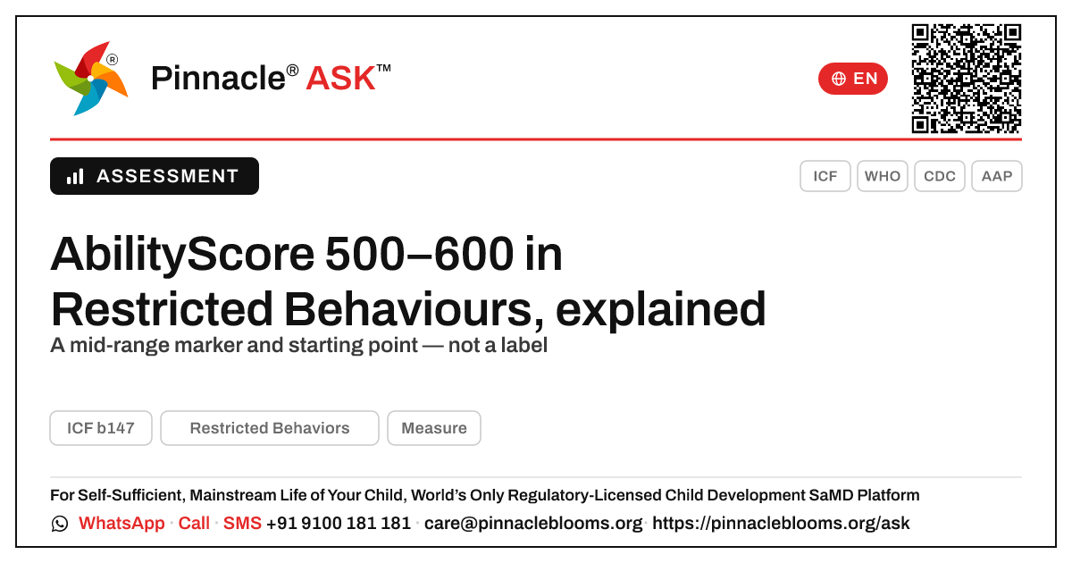 What does an AbilityScore of 500–600 in Restricted Behaviors mean for my child? — Pinnacle Ask answer card with a short explanation and QR link