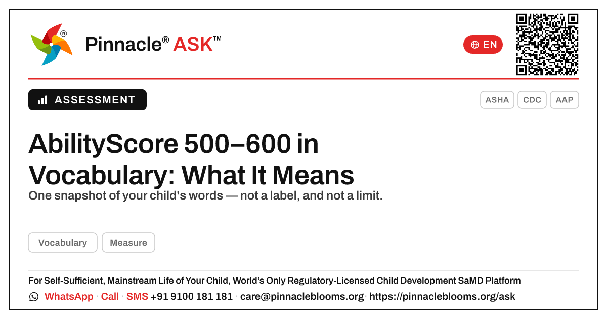 What does an AbilityScore of 500–600 in Vocabulary mean for my child? — Pinnacle Ask answer card with a short explanation and QR link