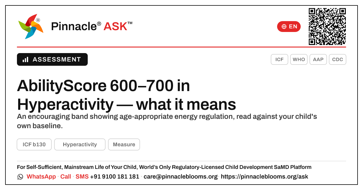 What does an AbilityScore of 600–700 in Hyperactivity mean for my child? — Pinnacle Ask answer card with a short explanation and QR link