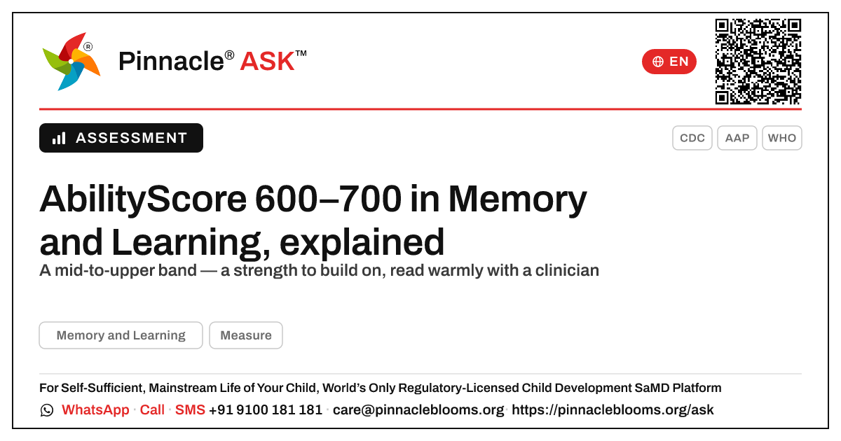 AbilityScore 600–700 in Memory and Learning — Pinnacle Ask answer card with a short explanation and QR link