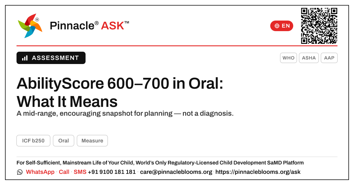 What does an AbilityScore of 600–700 in Oral mean for my child? — Pinnacle Ask answer card with a short explanation and QR link